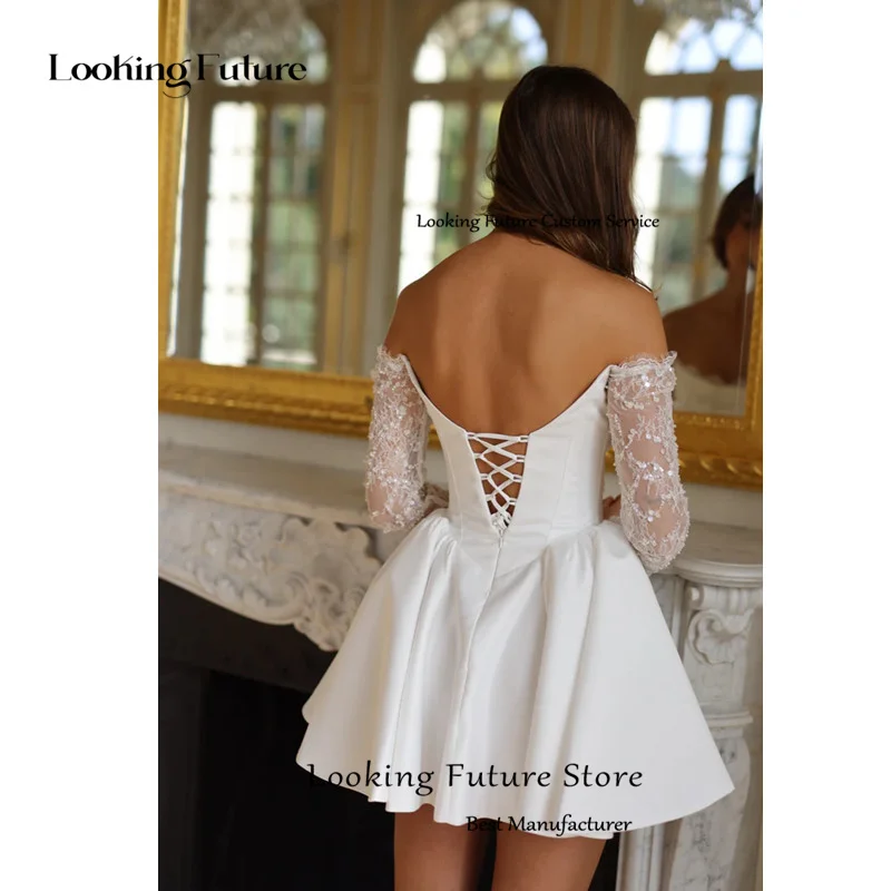 Simple Mini Lace Wedding Dress Vintage Strapless Formal Pleat Off Shoulder Sequined Ball Gowns Sexy Backless Lace Up Customized 16 S6457f23a83ff4450a5dc498dfed03592N