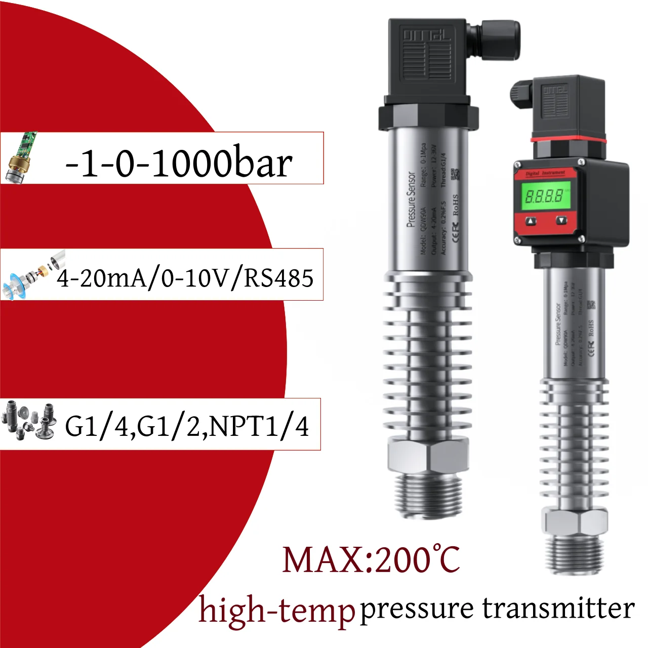 200℃ high temperature Pressure Transmitter 1bar 0.1bar 0.2bar 10bar 400bar 4-20mA 10V Output Water Gas Oil Liquid sensor 1