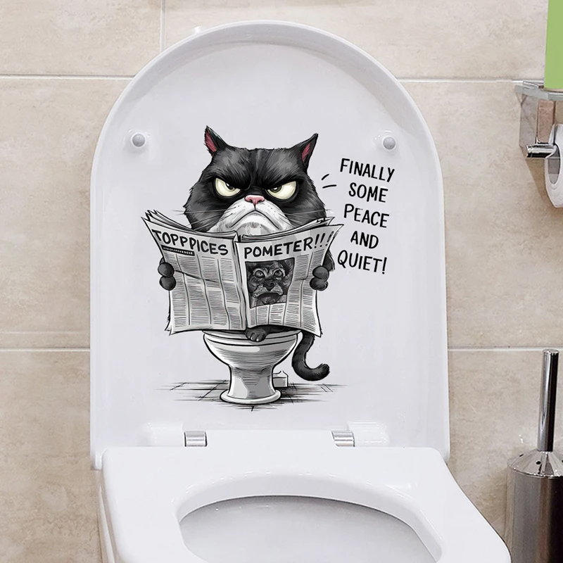 So Funny Black Cat Reads Newspaper Toilet Stickers Cartoon Kitty 3D Vinyl Wall Decals for Home Decorations Aesthetic Bathroom WC