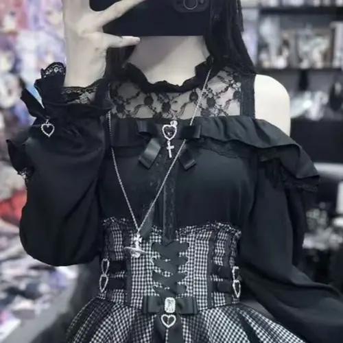 2025 Japanese Black Mini Skirt Set Gothic Ruffle Mini Skirts Sexy Lace Off Shoulder Lolita Shirt Women Y2k Aesthetic Design Suit - Image 8