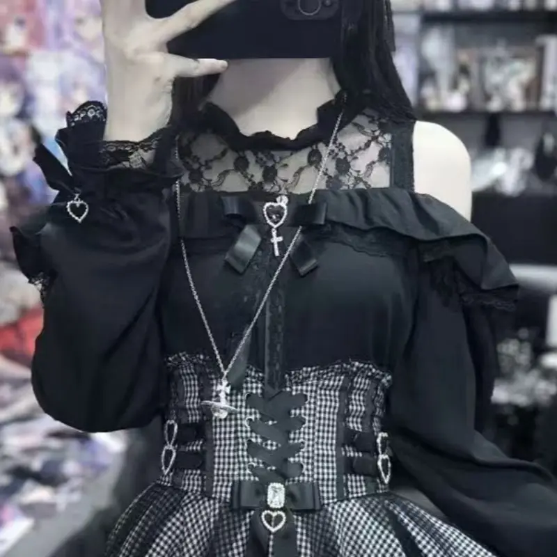 2025 Japanese Black Mini Skirt Set Gothic Ruffle Mini Skirts Sexy Lace Off Shoulder Lolita Shirt Women Y2k Aesthetic Design Suit - Image 8