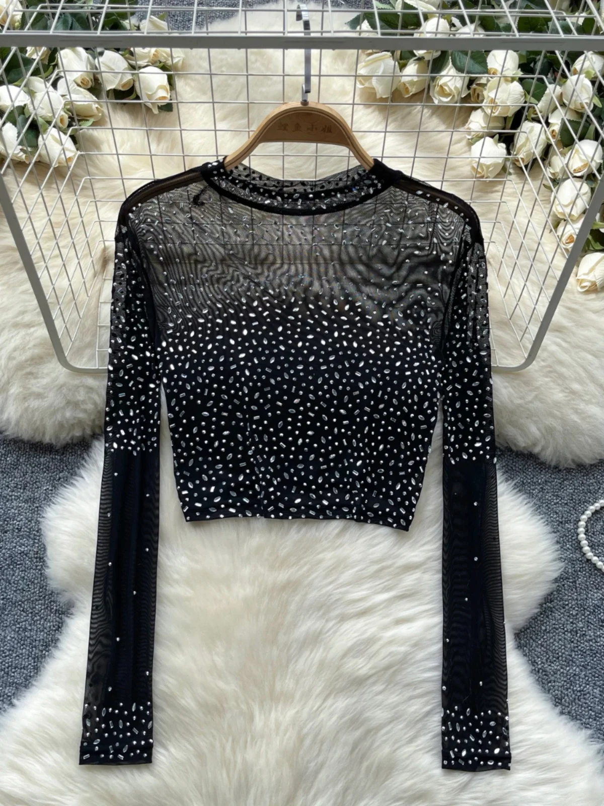Women's Sexy Thin See-tough Long Sve Me T-irt ort Heavy-du Rhinestone Base irt Korean Sle Creative Pattern
