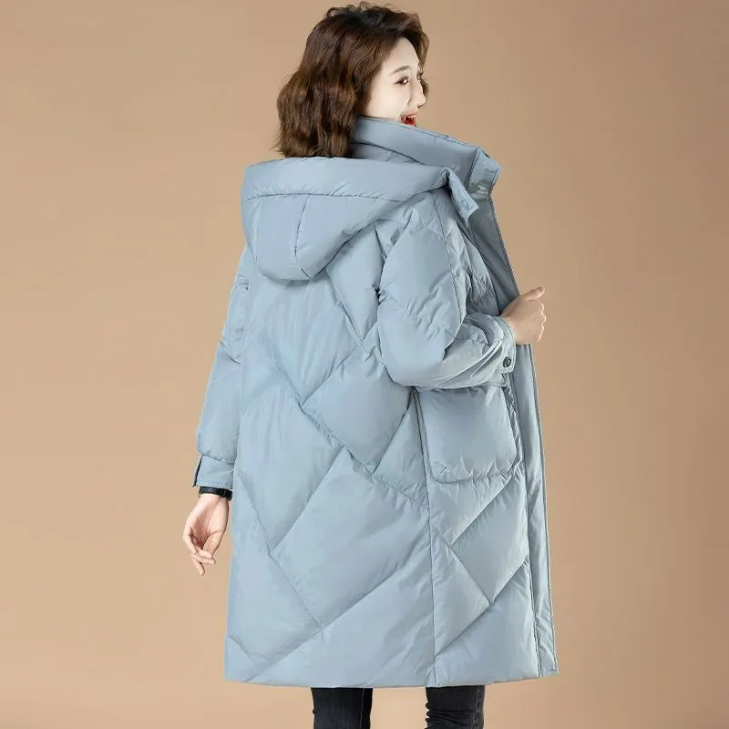 2023 New Women Down Jacket Winter Coat Female Mid Length Version Fashion Parkas Loose Thick Outwear Hooded Versatile Overcoat