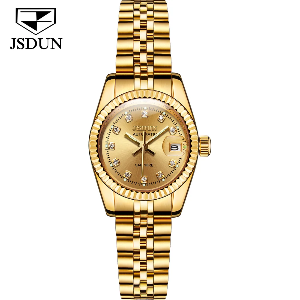 JSDUN ساعة نسائية أوتوماتيكية ماركة فاخرة أصلية مر...