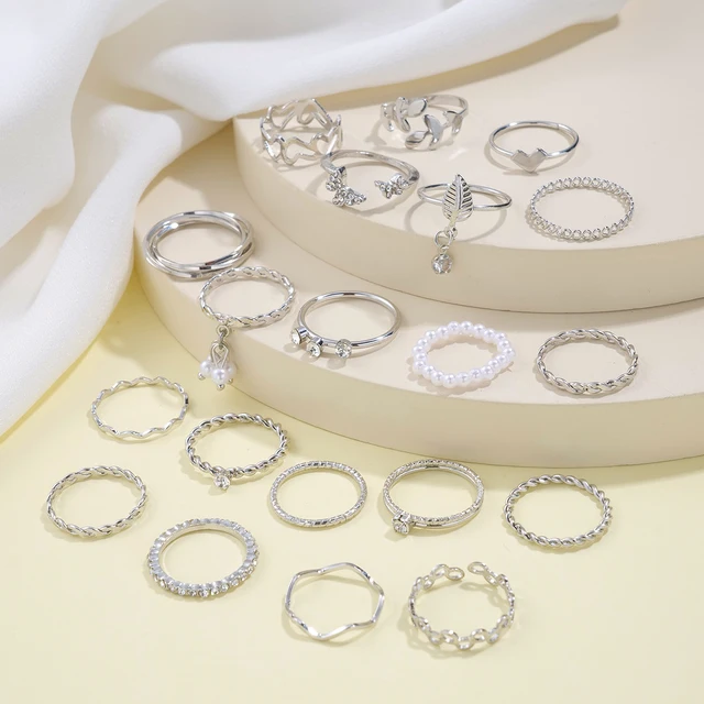 17km Vintage Silber Farbe Perlen ring Set für Frauen Mädchen Mode