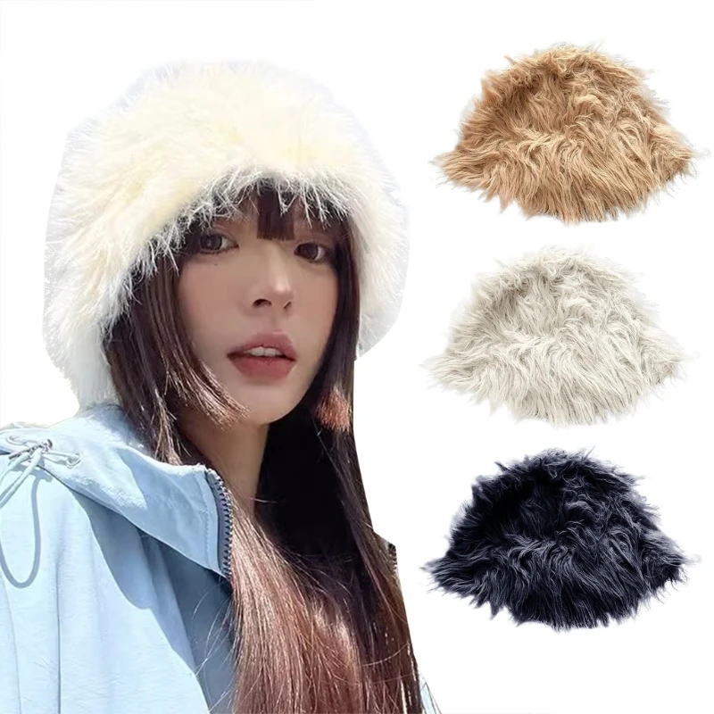 

Faux Furs Bucket Hat for Womens Handmade Foldable Floppy Solid Color Plush Hat Fashion Cute Vintage and Casual