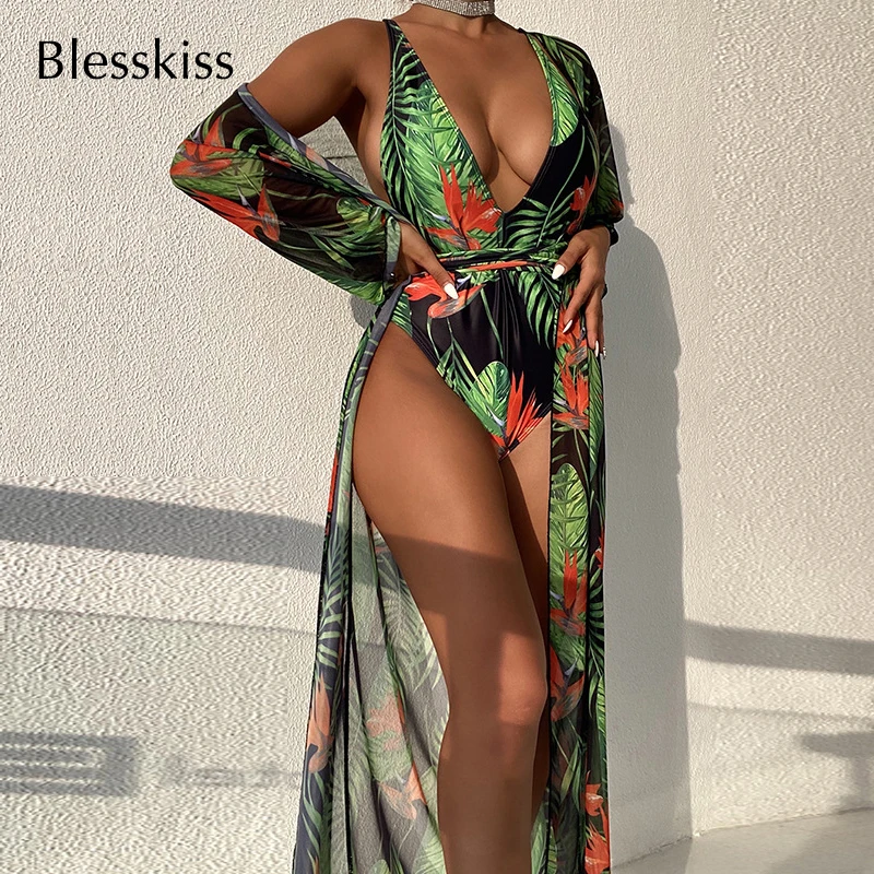 

BLESSKISS Sexy Thong One Piece Swimsuit With Cover Up Set 2022 Summer Beachwear Women Swimwear Swimming Suit Bathing Suit Floral