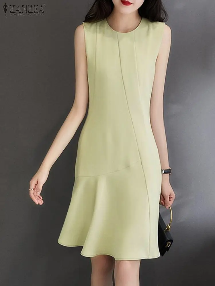 

Платье ZANZEA женское однотонное без рукавов, модный Повседневный Сарафан асимметричного покроя до колен, с круглым вырезом, большие размеры