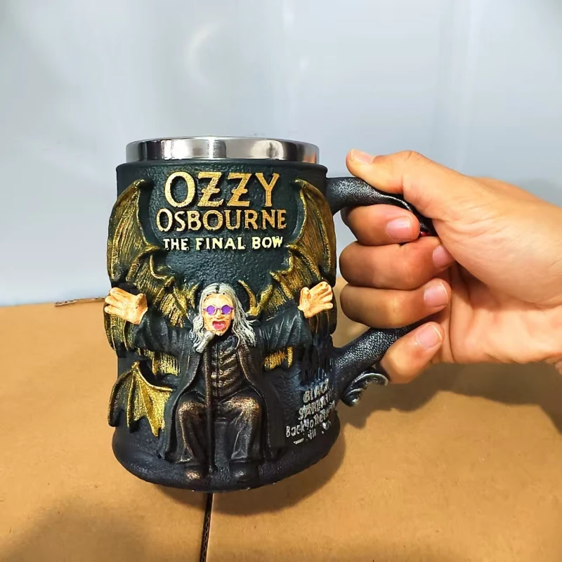 New Retro 3D Resin Mug Ozzy Osbourne The Final Bow Crafts Ornament Stainless Steel Inner Container Cup for Bar Restaurant & Home