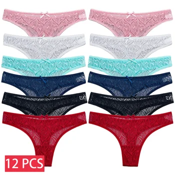 12 Pcs/set Sexy Lace Thongs Women Transparent G-string Panties Lace T-back Underwear Fashion Female Underpants M-XL 87416 1