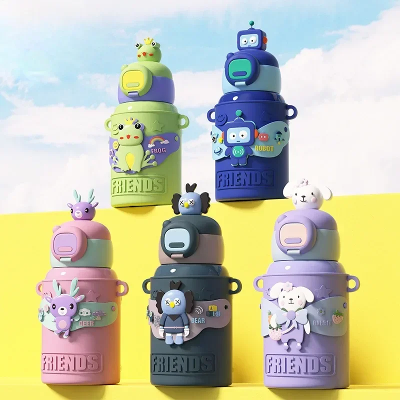 

450ml Stainless Steel Thermal Water Bottle for Children Cute Cartoon Thermos Mug with Straw Leak-Proof Insulated Cup Drinkware