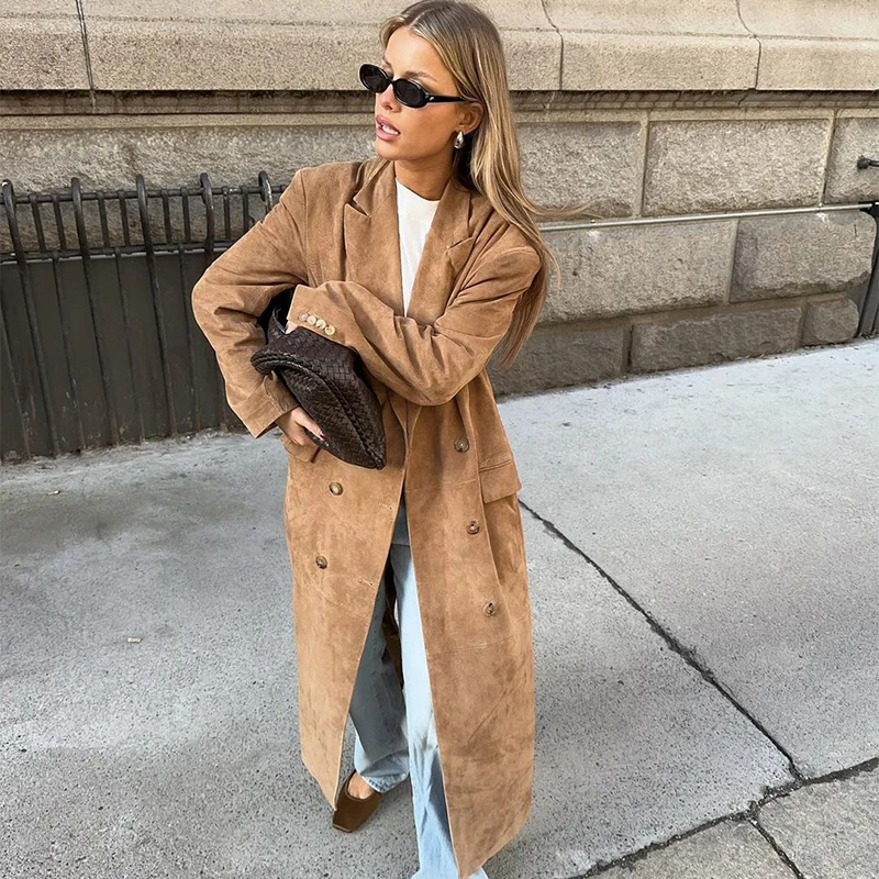 Fashion Lapel Suede Long Jacket Women Elegant Oversized Double-breasted Trench Overcoat Autumn Lady Commute Outerwear New