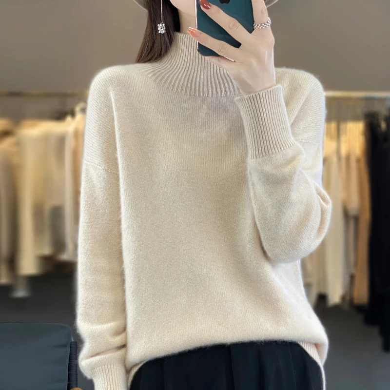 

Turtleneck Cashmere Sweater Women 2023 Autumn/Winter New 100% Pure Wool Sweater Ladies Knitting Loose Large Size Pullover Female