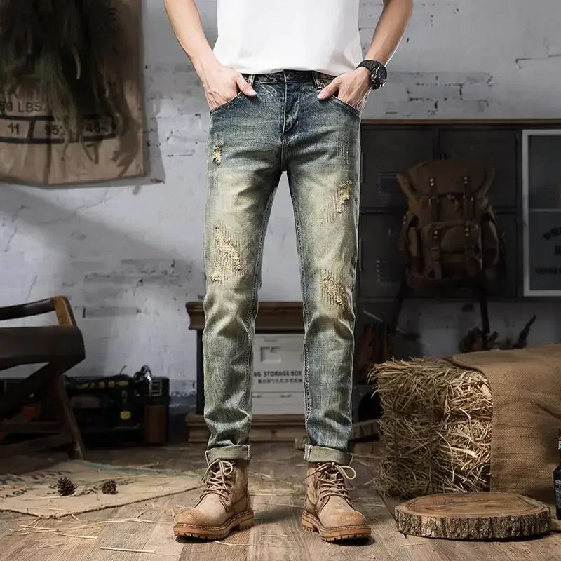 thumbnail image 1 of Pantalones rectos elásticos elásticos para hombre, pantalones vaqueros de verano para hombre, estilo de diseñador coreano de otoño 2024, nuevos y clásicos, 1 of 5