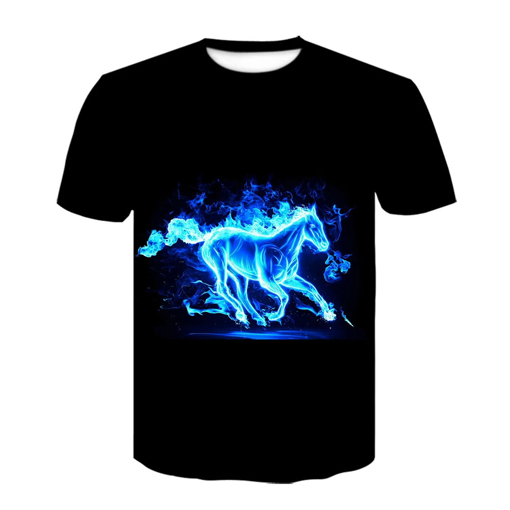 

Summer Wearing a flower headband Horse T-shirt Male 3D Printed Pattern Men Women O-Collar Fashion Tops Tees Men Sports Tees Boy