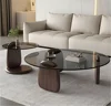 Glass Round Coffee Table Nesting Table Set of 2, Rustic Low Coffee Table Modern Center Table with Wood Base, Brown Glass Accent 1