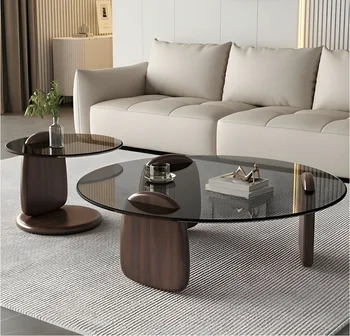 Glass Round Coffee Table Nesting Table Set of 2, Rustic Low Coffee Table Modern Center Table with Wood Base, Brown Glass Accent 1