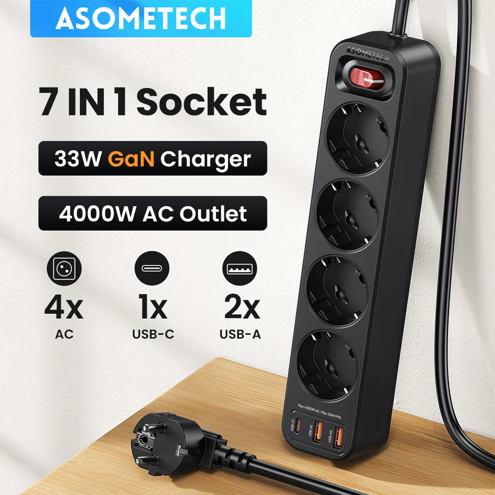 ASOMETECH 멀티탭 멀티 콘센트, 1.5M 익스텐션 코드 네트워크 필터, 3 USB PD, 33W PPS 고속 충전 서지 보호대, 4000W 