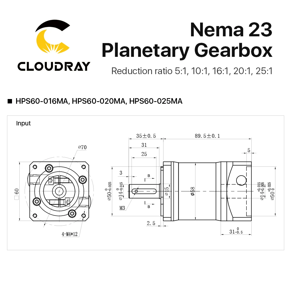Cloudray 유성 기어박스 원형 모터 감속기, 비율 5:1 10:1 16:1 20:1 25:1, 14mm 입력, 60 서보 모터용, HPS60