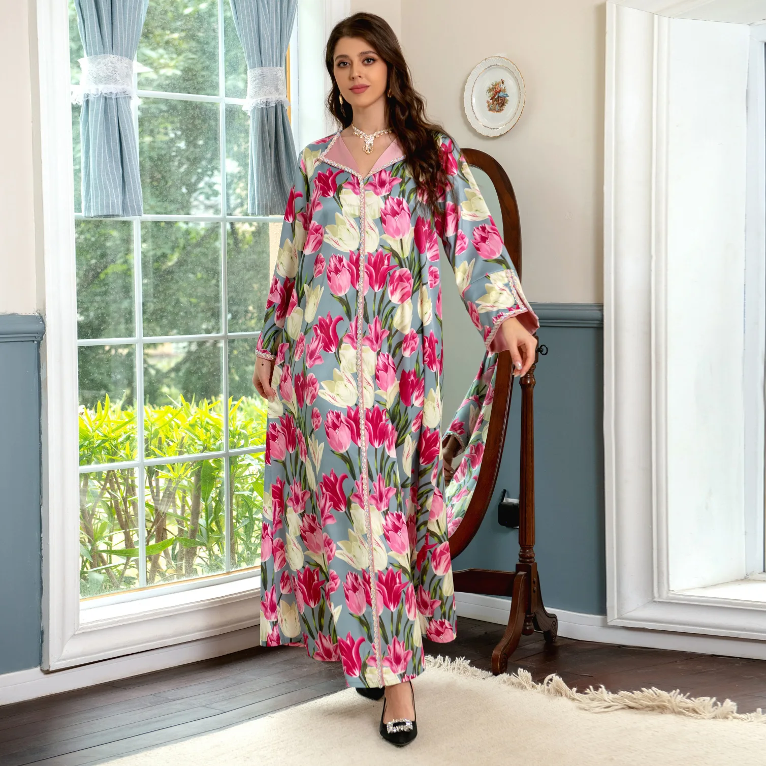 Sweet Tulip Print Long Dress for Women Chic Twists Rhinestone Lapel Long Sleeve Muslim Abaya Moroccan Jalabiya Eid 2023