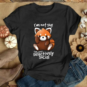 (Premium T-shirt)Panda I'M Not Shy I'M Just Selectively Social Printed T-Shirts Women Short Sleeve Funny Round Neck Tee Shirt 1