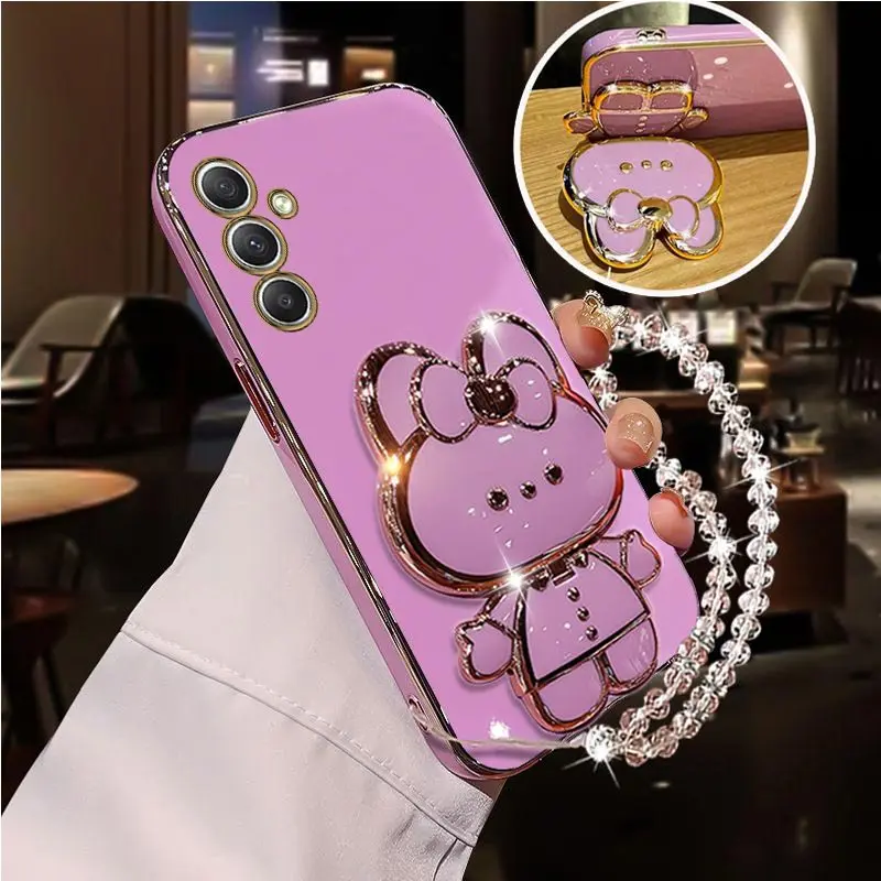 Diamond Strap Mirror Rabbit Phone Holder Case with Stand Cover