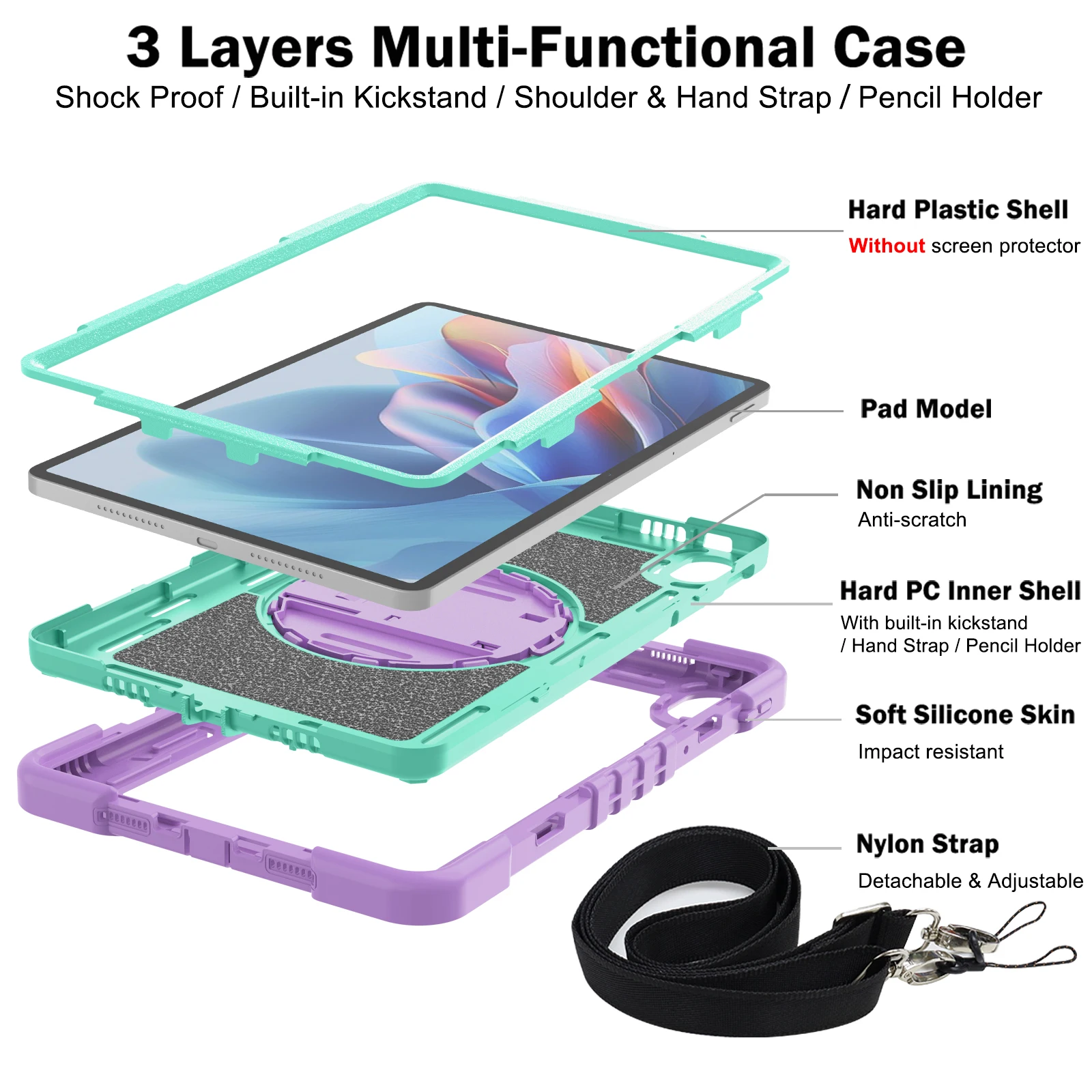 Enhanced Stand Armor Case with 360° Rotatable Hybrid Cover and Shoulder Strap - Shockproof Silicone+PC Design