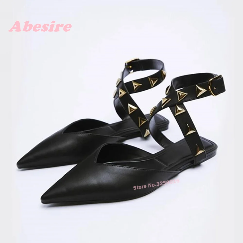 

Stud Pointy Toe Slingback Pumps Flat with Black Rivet Buckle Strap Women's Sandals Solid Patchwork Summer Luxury Party Shoes