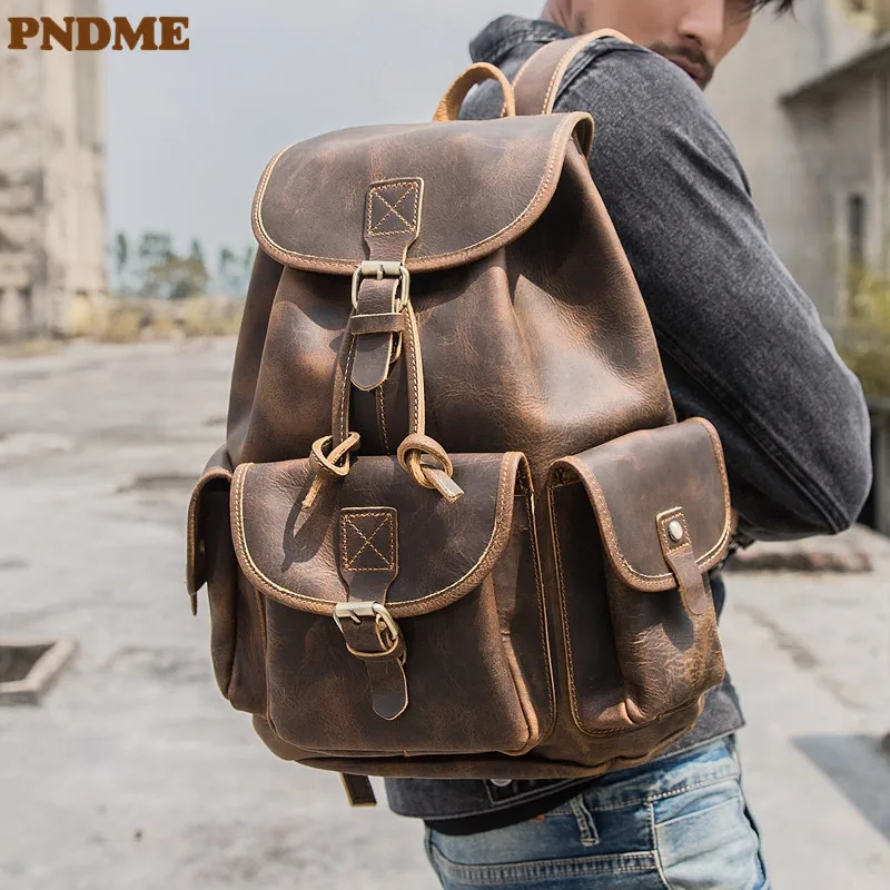 

PNDME vintage crazy horse cowhide men's women's backpack designer luxury outdoor casual natural genuine leather bagpack bookbag