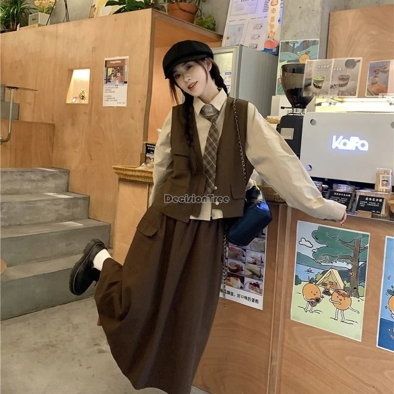 

2024 japan korea retro school uniform long sleeve shirt women's fashion daily style vest high waist skirt three-piece jk set w99