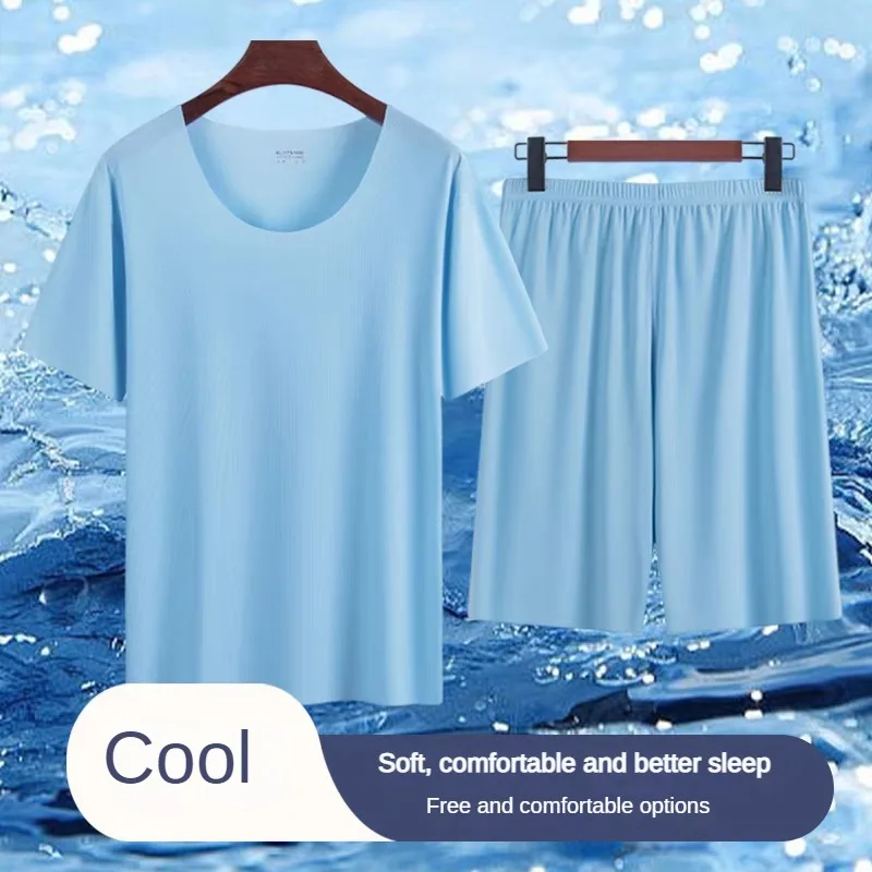 

Pajamas Sets Summer Thin men's Ice Silk Cozy Pajama Short Sleeve Round Neck Fashion No Trace Casual Home Clothing Plu Size New
