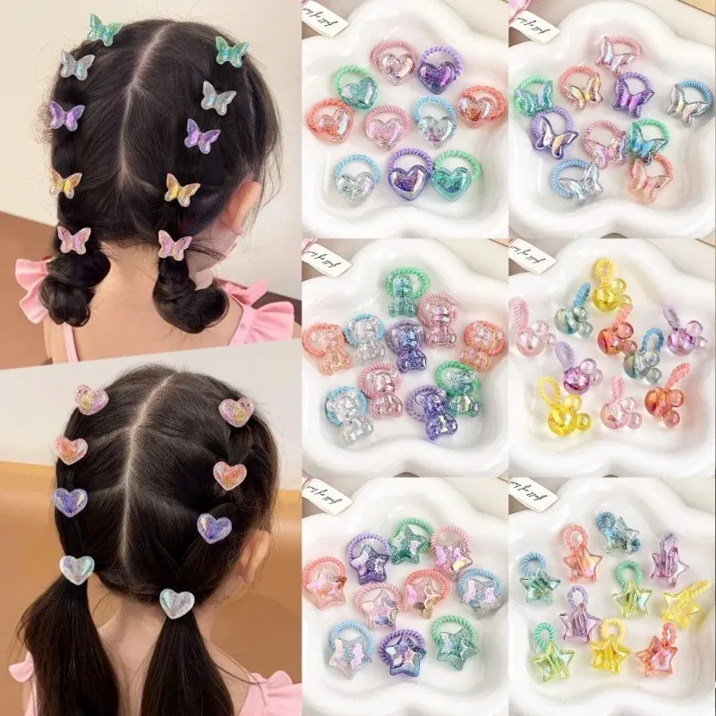 10개입 귀여운 소녀용 미니 스팽글 머리끈, 높은 탄력성과 내구성, 하트, 나비..