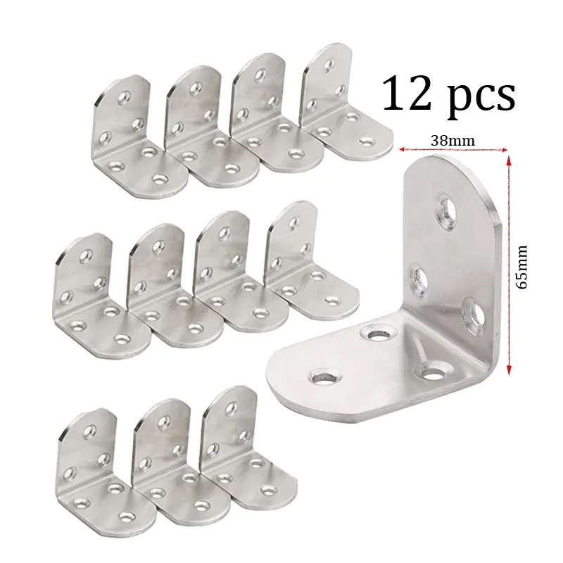 

12pcs Brackets Corner Braces Stainless Steel Angle Code 90 Degree Right Angle Fixed Bracket Shelf Support Furniture Connector