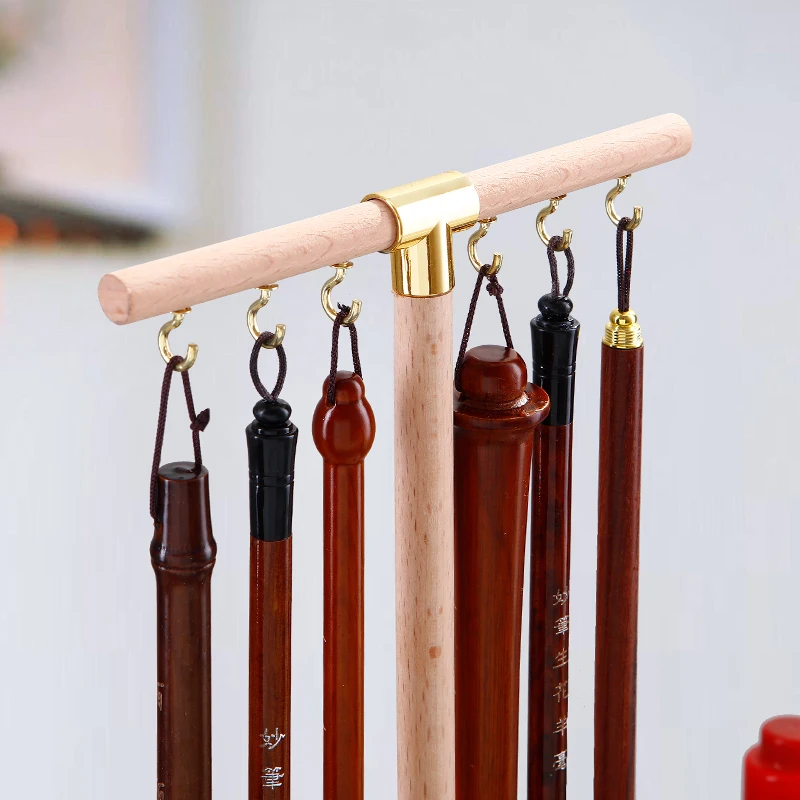 Wooden Chinese Brush Pen Holder with Beechwood Base Calligraphy Rest Ink Hanger 6 Hooks Writing Brush Holder School Stationery