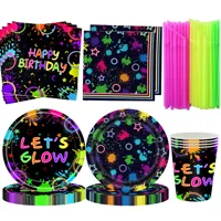 Neon Glow Happy Birthday Party Supplies Disposable Paper Plates Napkins Cups For Kids Neon Glow in the Dark Favors Decorations 1