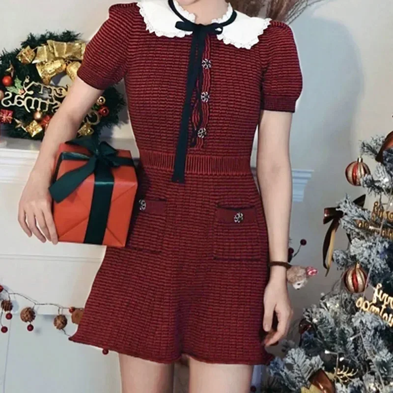 

Elegant Lady Short Sleeve Knit Dress Vintage Peter Pan Collar Slim Dresses Spring 2023 Casual High Waist Mini Vestidos for Women