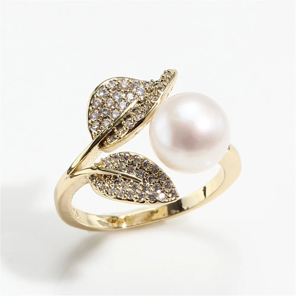 Gold plating real gold K gold craft leaf pearl micro zirconia ring opening DIY handmade accessories