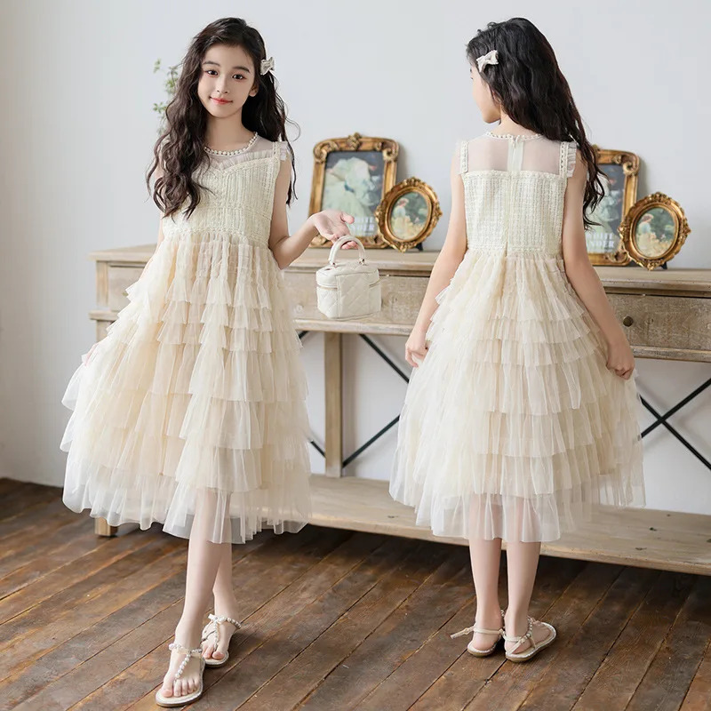 Tulle Tiered Dress for Girls 2025 New Summer Sleeveless Vest Princess Dress Daily Party Holiday Beige Teenage Children Clothes - Image 2
