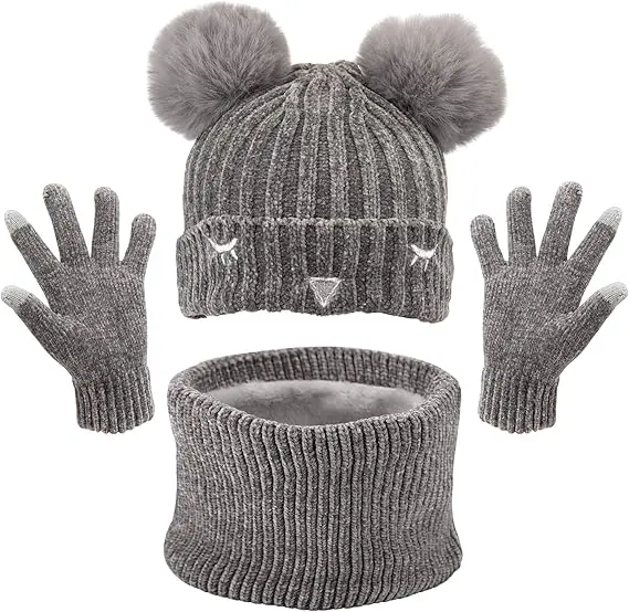3 Pack Kids Hat Scarf Gloves Sets Winter Warm Pom Beanie Hat Fleece Lined Neck Warmer for Girls Boys 2-6
