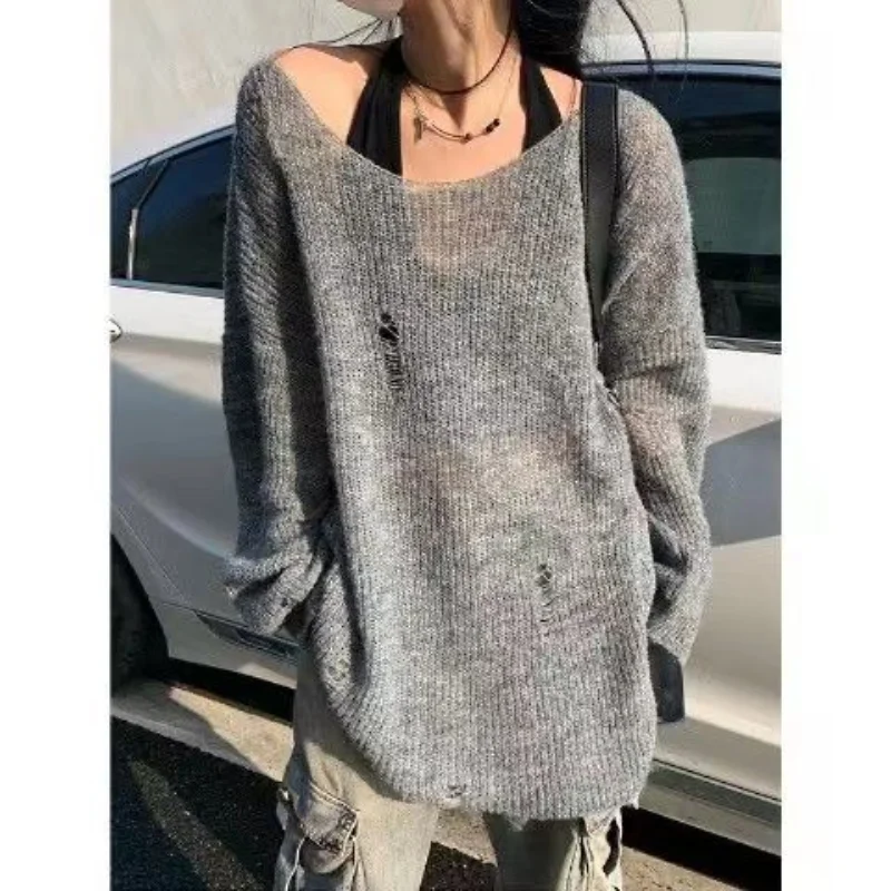 

Light pullover sweater knitting small summer lazy beauty power cut-out hole oversize pullover o neck solid sweater pullover coat