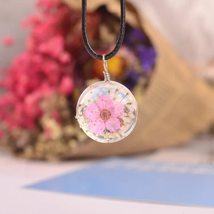 

2024 New Fashion Women Round Glass Dried Flower Pendant Necklace Classic Rose/Dandelion/Sakura Necklace Summer Fine Jewelry