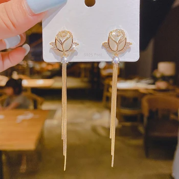 925 Silver Needle Korean Fashion Crystal Tulip Flower Earrings For Women Jewelry 2025 Trending Luxury Women's Tassel Earrings