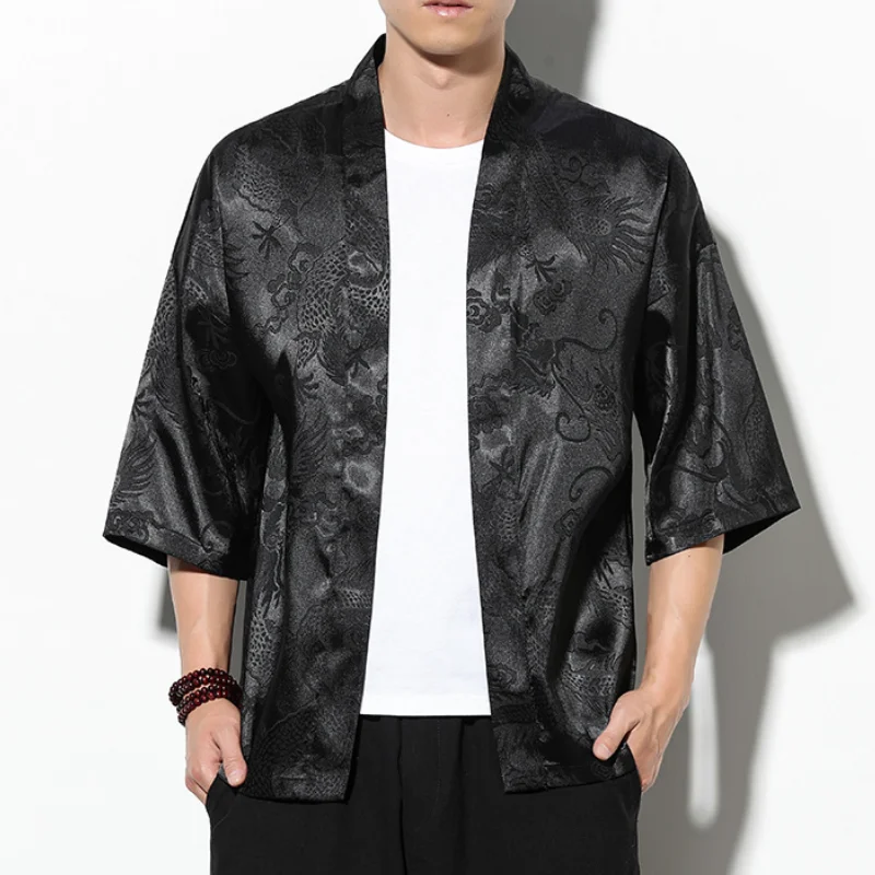 

Large Size 5XL Men Kimono Cardigan Chinese Style Jacquard Dragon Japanese Yukata Male Shirt Haori Traditional Samurai Clothing