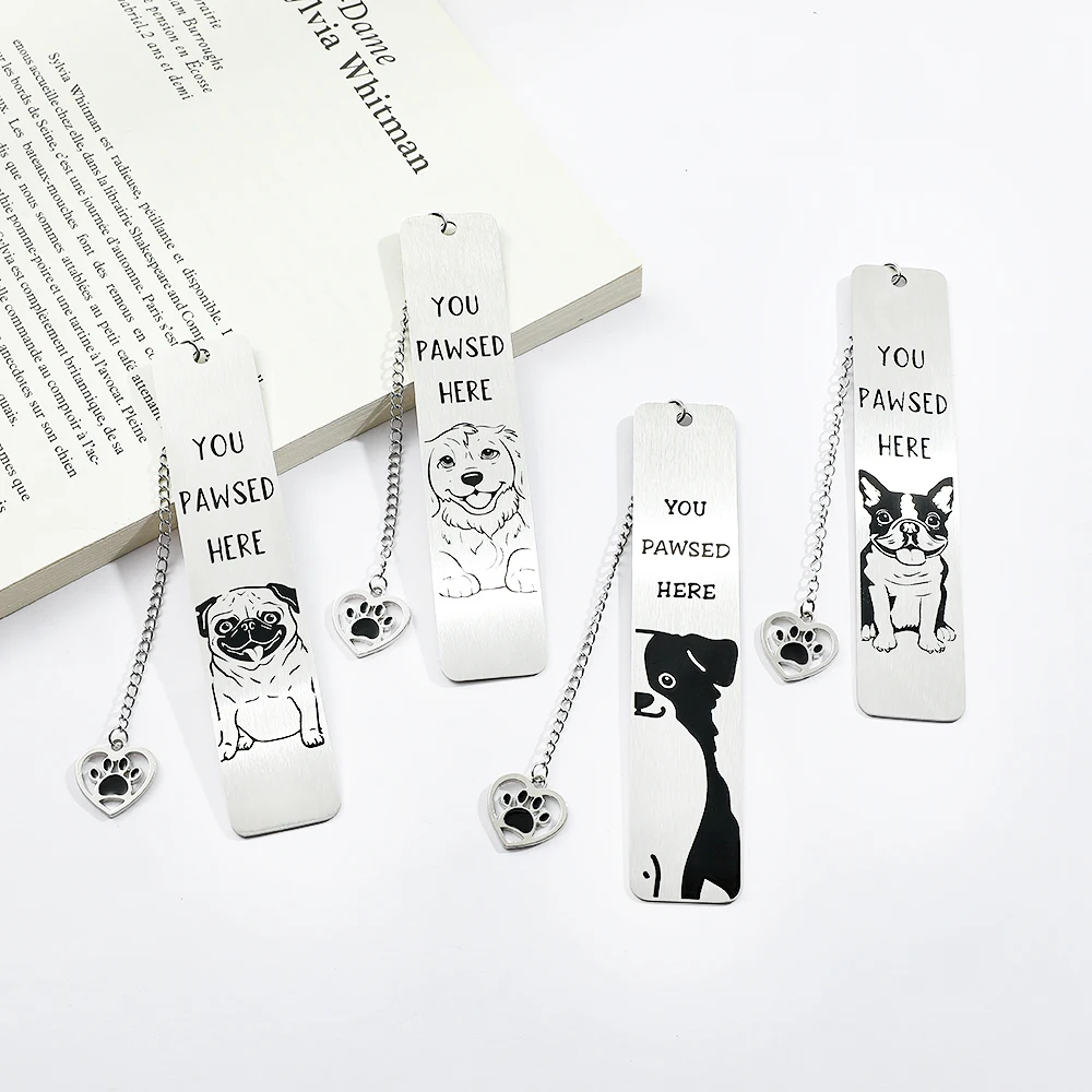 Metal Bookmark Metal stainless steel with dog paw pattern carving for dog lovers' reading gift of 'You Pawsed Here' animal bookmark bookmarks stationery supplies
