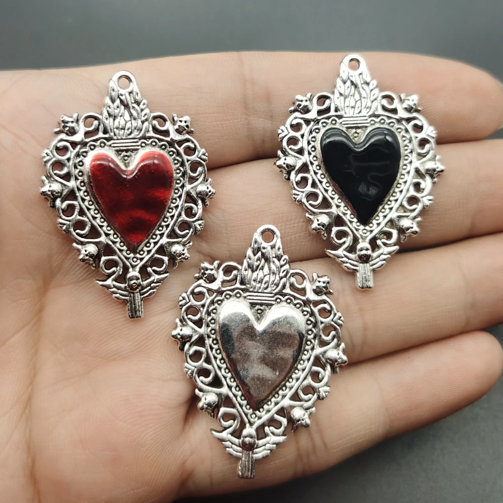 

5pcs Silver Enamel Sacred Heart Charms Traditonal Corazon Pendants DIY Handmade Jewelry Making Accessorie