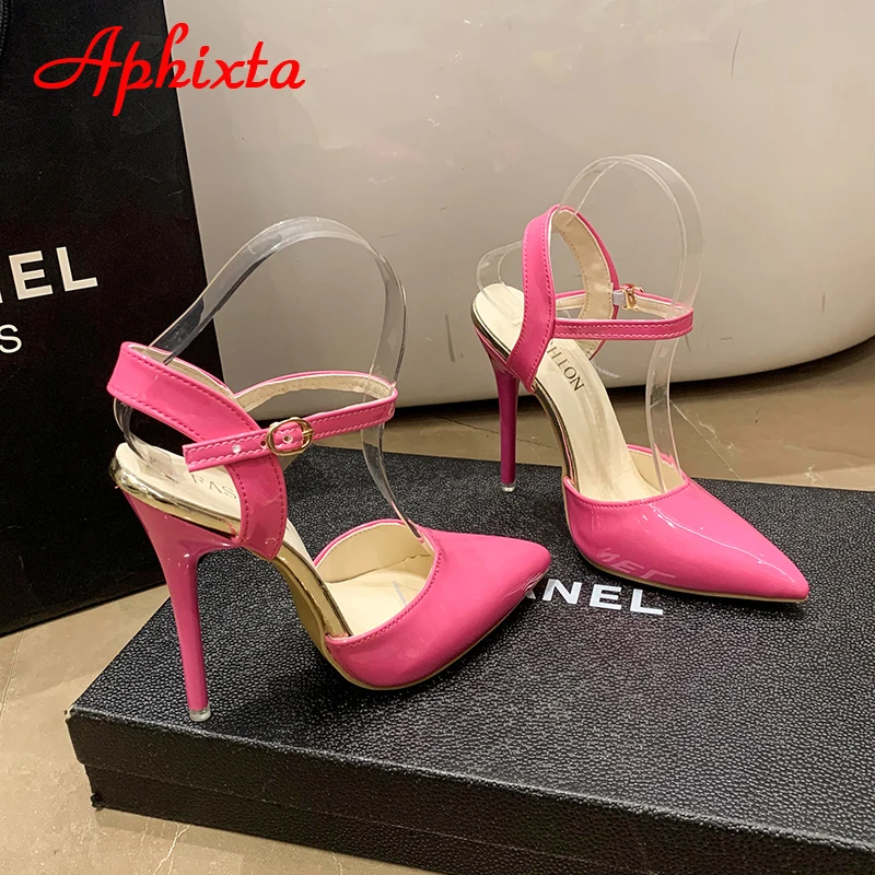 Aphixta Summer 12cm Super High Stiletto Heels Ankle Strap Sandals Women Hollow Pointed Toe Party Heels Shoes Plus Size 48