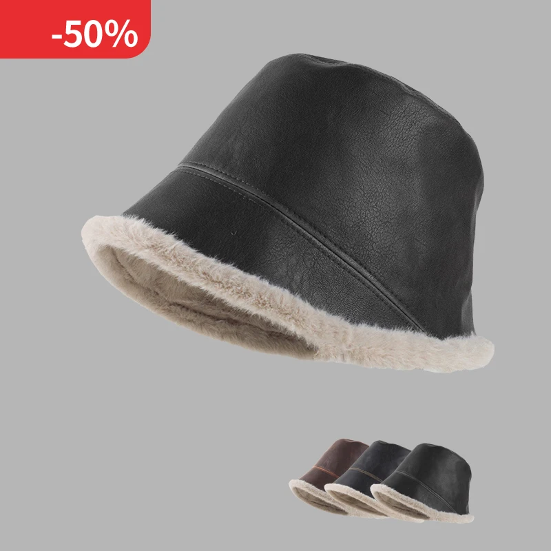 

Pu Leather Bucket Hats For Women Adjustable Foldable Lamb Wool Outdoor Warm Women's hat Caps Korean Style Solid Color Face