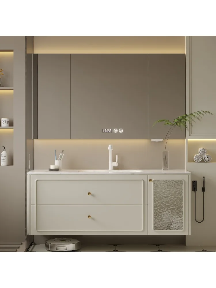 *French cream wind bathroom cabinet combination rock slab hot bending integrated basin oak washstand