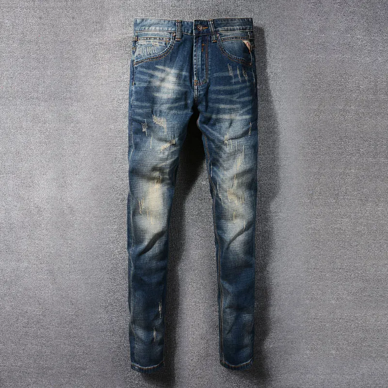 Newly Designer Fashion Men Jeans High Quality Retro Washed Blue Stretch Slim Fit Ripped Jeans Men Vintage Denim Pants Hombre