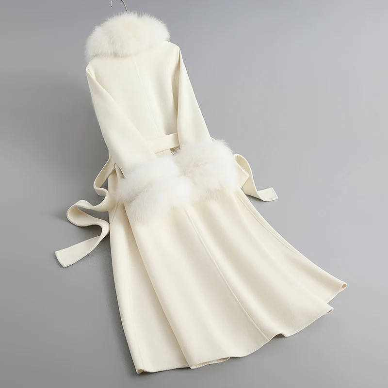 Pudi 2023 New Fashion Real Wool Blends  Women Coat Winter Warm Genuine Fox Fur Collar Hot Lady Jacket CT357